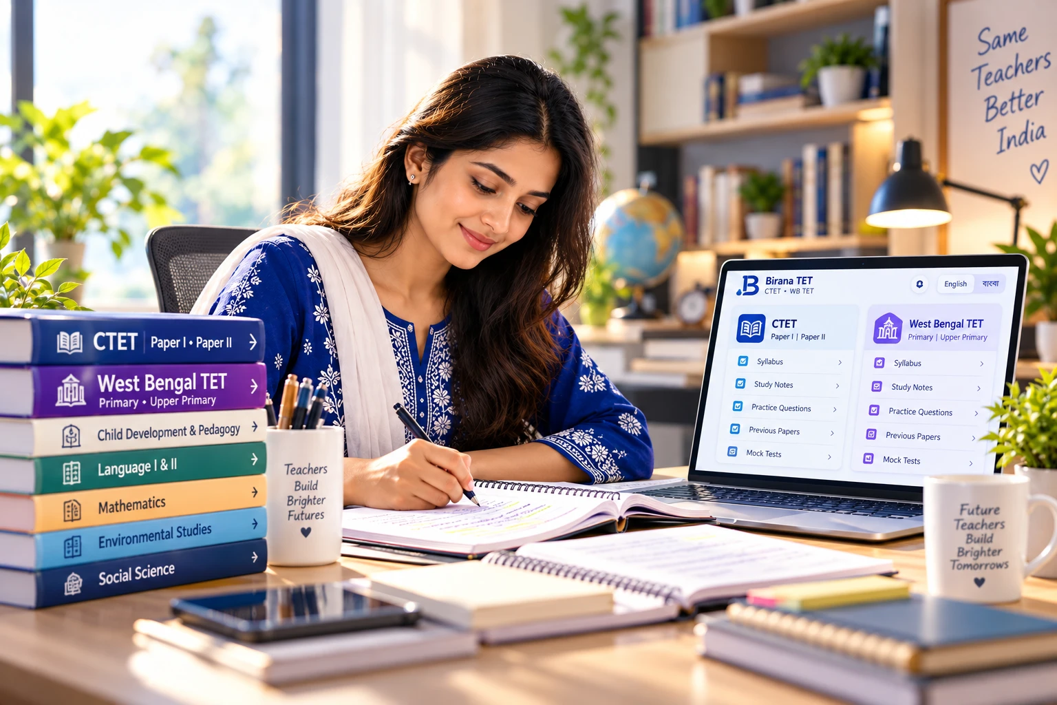 A candidate studying at a desk: a laptop showing the CTET and West Bengal TET sections of this site — syllabus, study notes, practice questions, previous papers and mock tests — beside a stack of subject books for Child Development and Pedagogy, the languages, Mathematics, Environmental Studies and Social Science