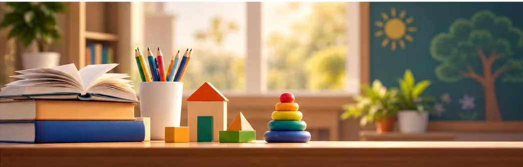 Books, pencils and building blocks on a classroom desk