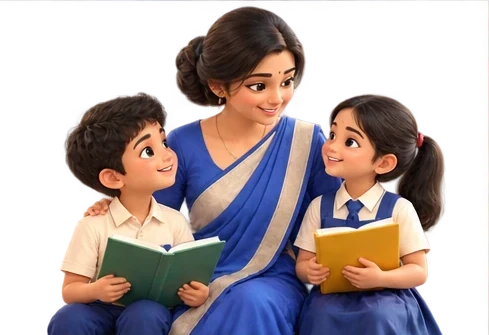 A teacher reading with two young schoolchildren