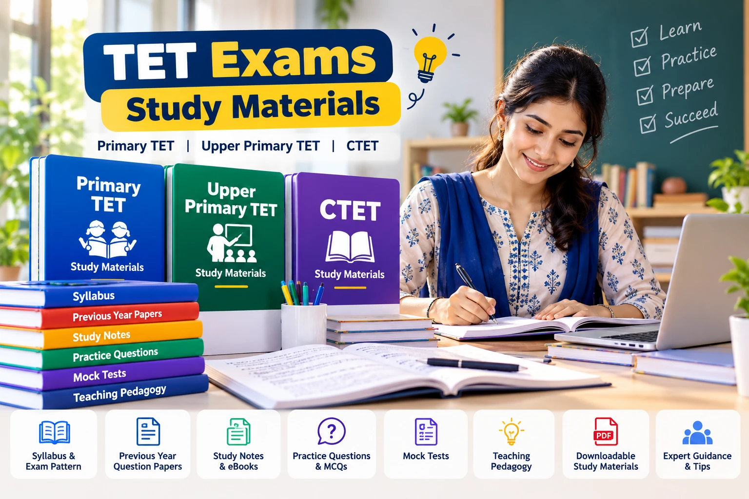 Study materials for Primary TET, Upper Primary TET and CTET: syllabus, previous year papers, study notes, practice questions, mock tests and teaching pedagogy