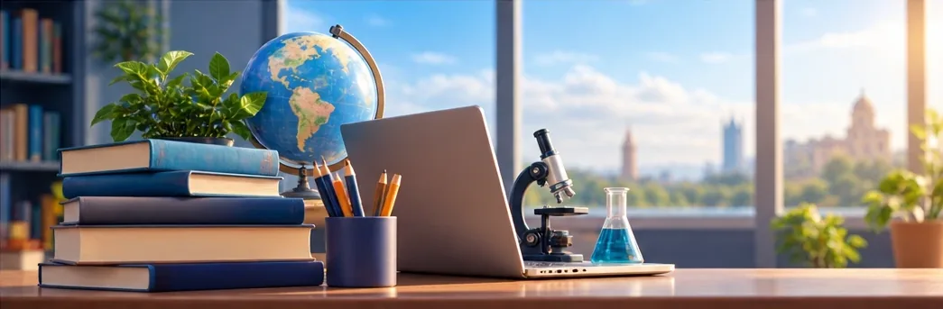 Books, a globe, a laptop and a microscope on a desk