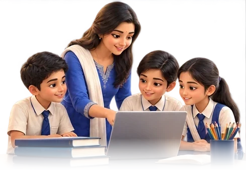 A teacher and three older students working at a laptop